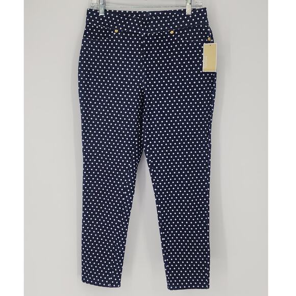 Michael Michael Kors Navy Polka Dot Pull-On Stretch Pants Women’s Size Large - Picture 1 of 11